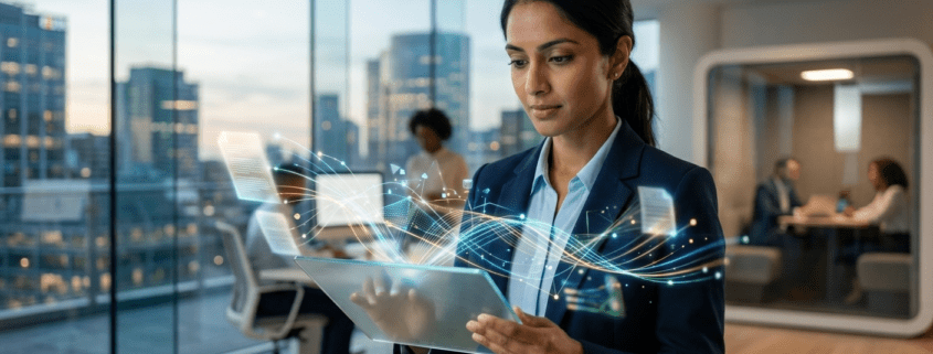 Modern bir ofis ortamında, şeffaf bir tablet üzerinden yapay zeka destekli Akıllı Doküman İşleme (IDP) süreçlerini yöneten profesyonel bir kadın yönetici