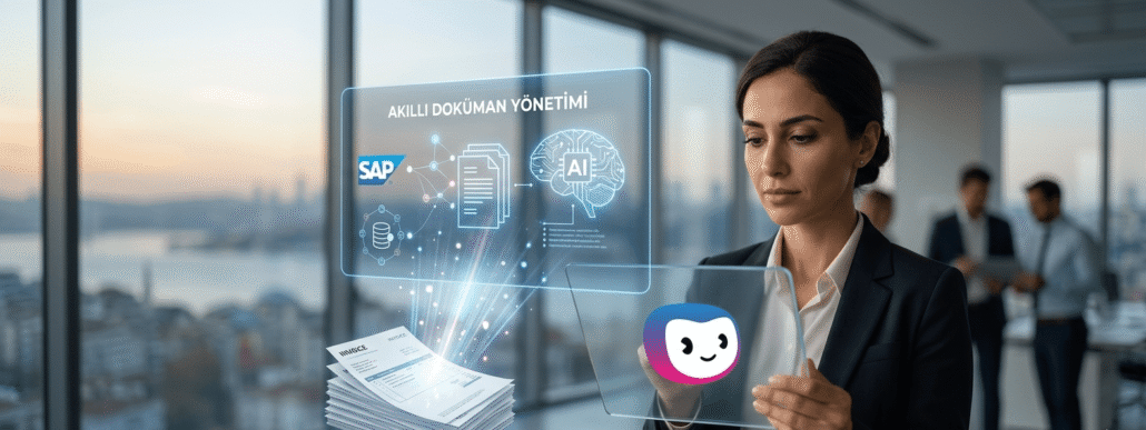 Doxis logolu şeffaf tablet üzerinden yapay zeka destekli akıllı doküman yönetimi ve SAP entegrasyonu ile dijital iş akışı analizi yapan tecrübeli kadın yönetici