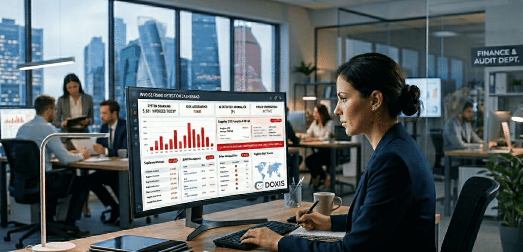 Yapay zeka destekli Doxis platformu ile fatura süreçlerinde dolandırıcılık tespiti ve finansal anomali analizi yapan profesyonel ofis ortamı