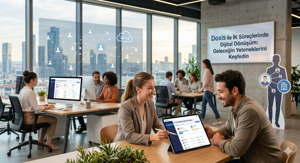 ik-sureclerinde-dijital-donusum-doxis-softay Modern ofis ortamında tablet üzerinden Doxis ile İK süreçlerinde dijital dönüşüm ve e-işe alım süreçlerini yöneten profesyoneller