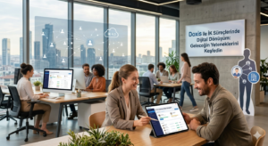Modern ofis ortamında tablet üzerinden Doxis ile İK süreçlerinde dijital dönüşüm ve e-işe alım süreçlerini yöneten profesyoneller