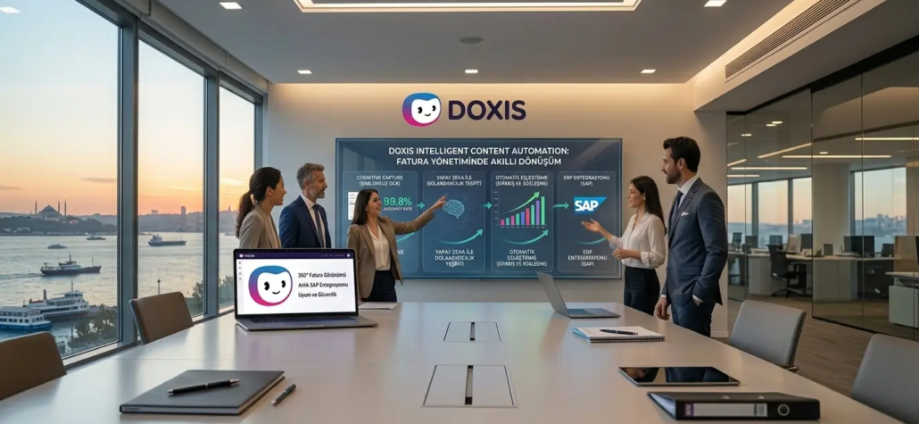 Modern bir İstanbul ofisinde, Doxis "Fatura Yönetiminde Akıllı Dönüşüm" sunumunu yapan ve %99.8 doğruluk oranına sahip bilişsel veri yakalama, yapay zeka ile dolandırıcılık tespiti ve SAP entegrasyonu süreçlerini tartışan altı kişilik profesyonel finans ekibi. Ön plandaki dizüstü bilgisayarda "360 Derece Fatura Görünümü" ve "Uyum ve Güvenlik" özellikleri gösterilmektedir