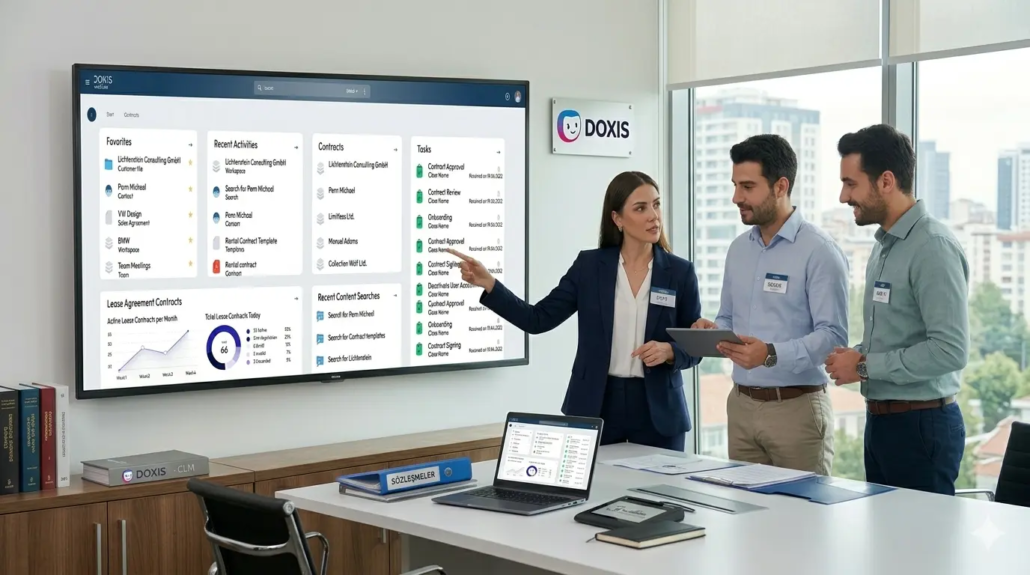 doxis-clm-sozlesme-yonetimi-otomasyonu Modern bir ofis toplantı odasında, Doxis CLM (Sözleşme Yaşam Döngüsü Yönetimi) yazılımının kurulu olduğu devasa bir ekranın önünde duran üç iş profesyoneli. Ekran, sözleşme süreçlerini, onayları, termin tarihlerini ve aktif sözleşme verilerini gösteren "Doxis: Sözleşme Yönetiminde Akıllı Otomasyon" başlıklı interaktif bir paneli görüntülüyor. Ekip üyelerinden biri ekrandaki verileri gösterirken, diğerleri bir tablet ve laptop üzerinden paneli inceliyor. Masanın üzerinde "SÖZLEŞMELER" yazılı klasörler ve Doxis CLM donanımları yer alıyor. Pencereden şehir manzarası görünüyor.