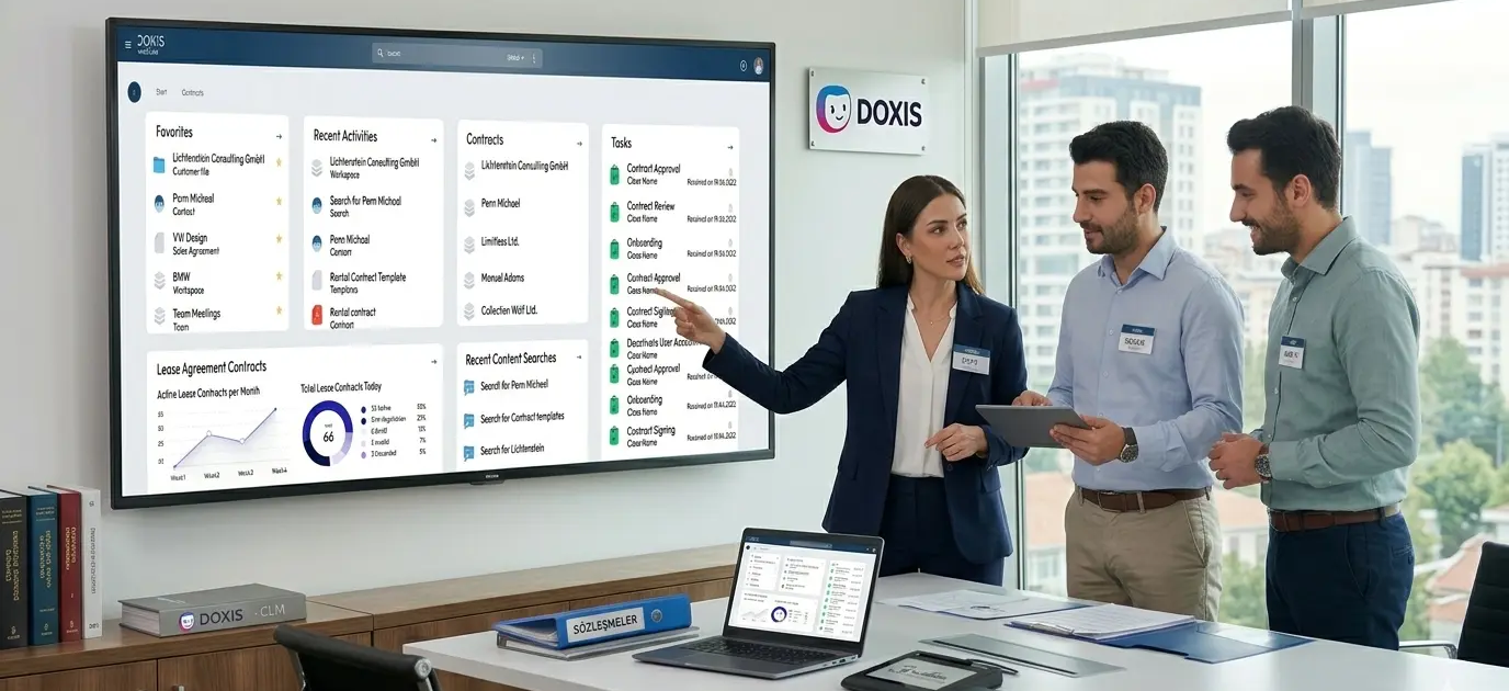 Modern bir ofis toplantı odasında, Doxis CLM (Sözleşme Yaşam Döngüsü Yönetimi) yazılımının kurulu olduğu devasa bir ekranın önünde duran üç iş profesyoneli. Ekran, sözleşme süreçlerini, onayları, termin tarihlerini ve aktif sözleşme verilerini gösteren "Doxis: Sözleşme Yönetiminde Akıllı Otomasyon" başlıklı interaktif bir paneli görüntülüyor. Ekip üyelerinden biri ekrandaki verileri gösterirken, diğerleri bir tablet ve laptop üzerinden paneli inceliyor. Masanın üzerinde "SÖZLEŞMELER" yazılı klasörler ve Doxis CLM donanımları yer alıyor. Pencereden şehir manzarası görünüyor.