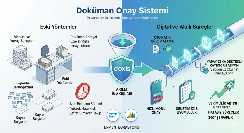 Eski yöntemlerdeki e-posta darboğazları ve kayıp belge risklerinin, Doxis Akıllı İçerik Otomasyonu ile otomatik görev atama, hızlı mobil onay ve %70 verimlilik artışı sağlayan dijital iş akışına dönüşümünü gösteren karşılaştırmalı infografik