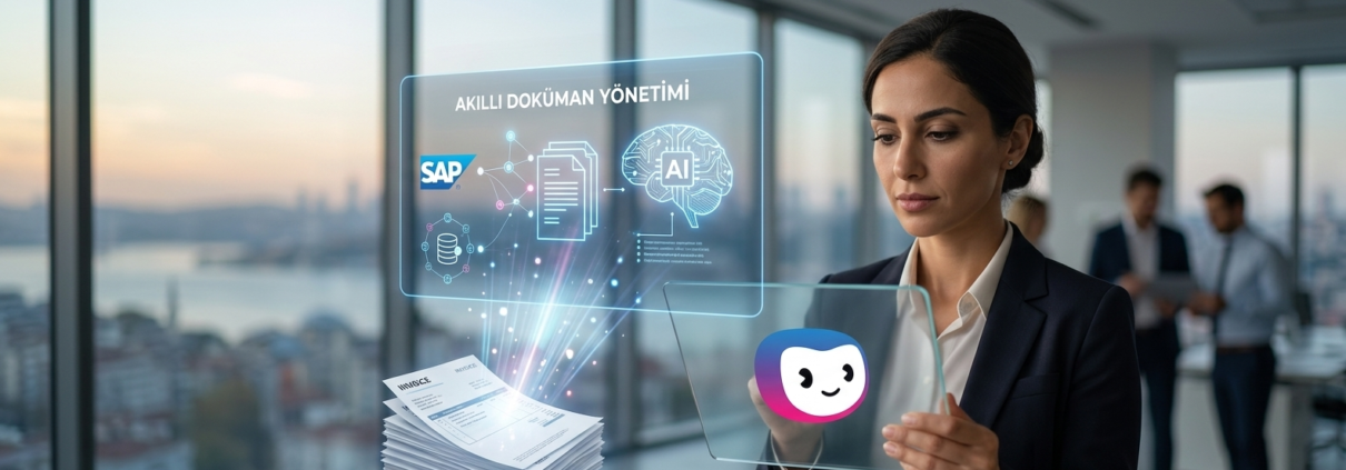 Doxis logolu şeffaf tablet üzerinden yapay zeka destekli akıllı doküman yönetimi ve SAP entegrasyonu ile dijital iş akışı analizi yapan tecrübeli kadın yönetici