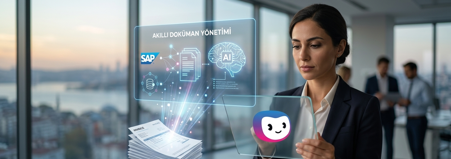 Doxis logolu şeffaf tablet üzerinden yapay zeka destekli akıllı doküman yönetimi ve SAP entegrasyonu ile dijital iş akışı analizi yapan tecrübeli kadın yönetici