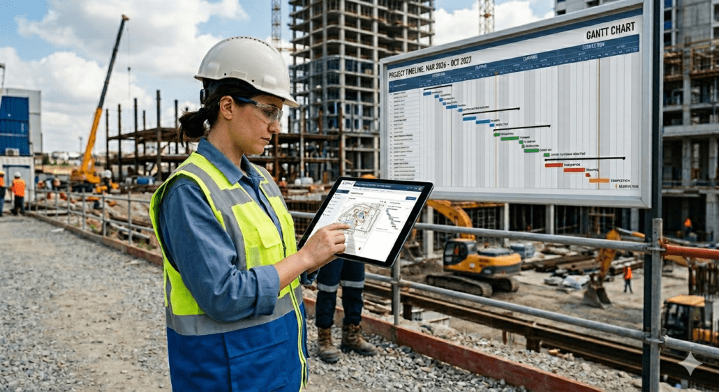 Şantiyede tablet üzerinden dijital inşaat yazışma ve süreç yönetimi takibi yapan mühendis