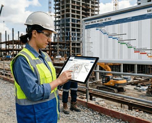 Şantiyede tablet üzerinden dijital inşaat yazışma ve süreç yönetimi takibi yapan mühendis