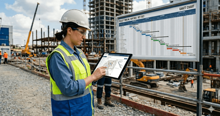 Şantiyede tablet üzerinden dijital inşaat yazışma ve süreç yönetimi takibi yapan mühendis