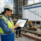 Şantiyede tablet üzerinden dijital inşaat yazışma ve süreç yönetimi takibi yapan mühendis