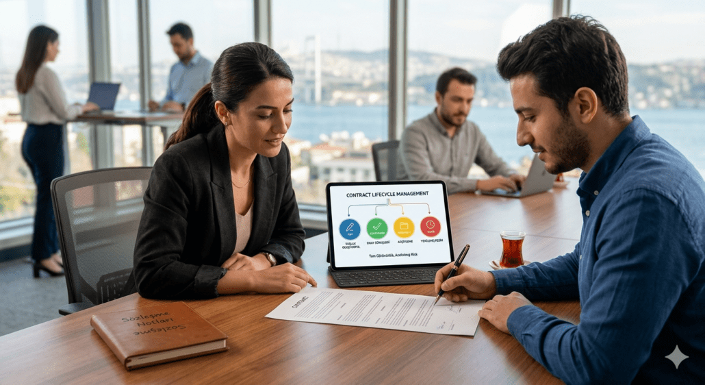 Modern bir ofis ortamında, tablet üzerindeki dijital iş akış şeması eşliğinde gerçekleştirilen kurumsal sözleşme imza ve onay süreci.
