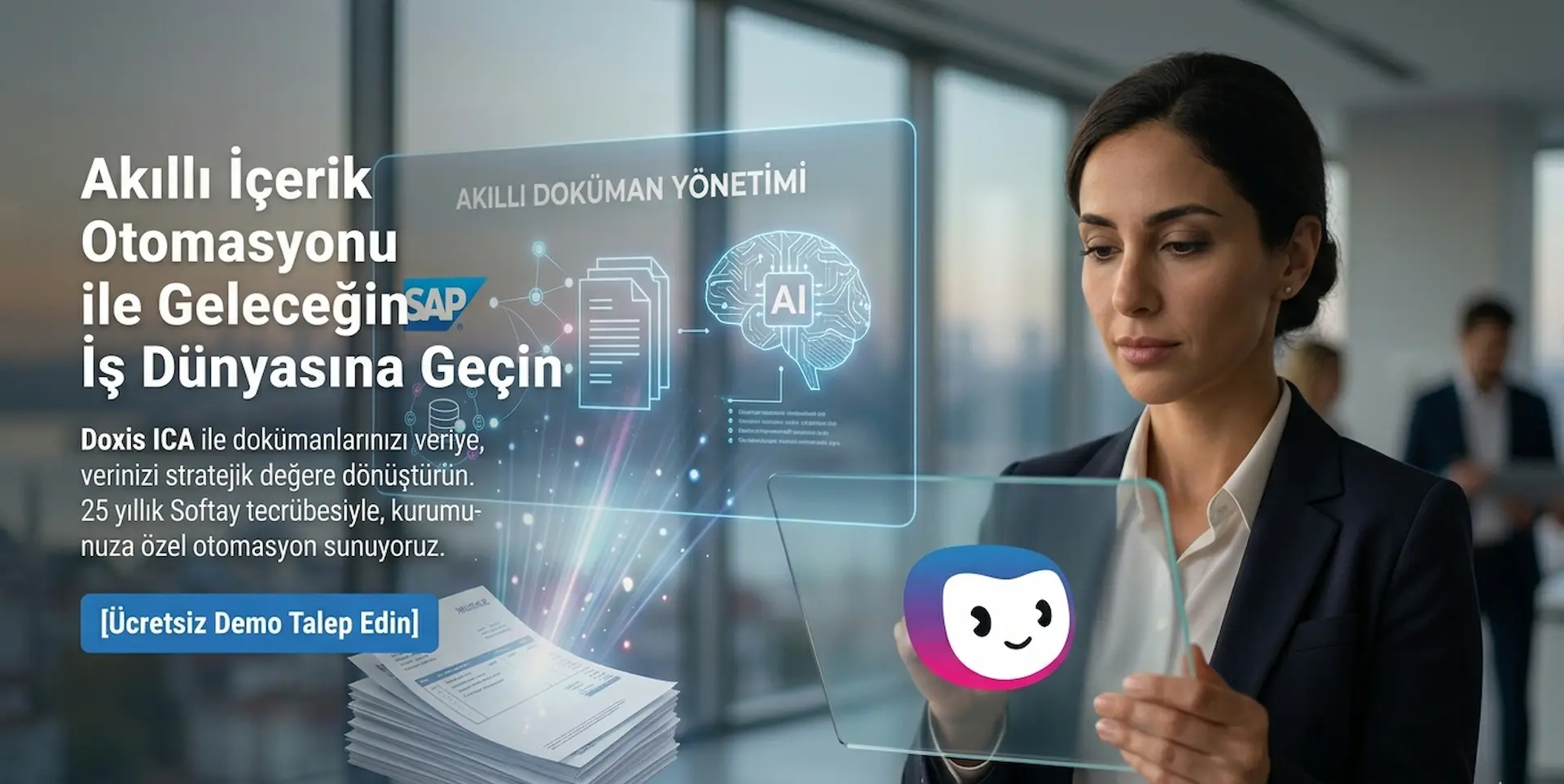 Doxis logolu şeffaf tablet üzerinden yapay zeka destekli akıllı içerik otomasyonu ve SAP entegrasyonu ile dijital iş akışı analizi yapan tecrübeli kadın yönetici