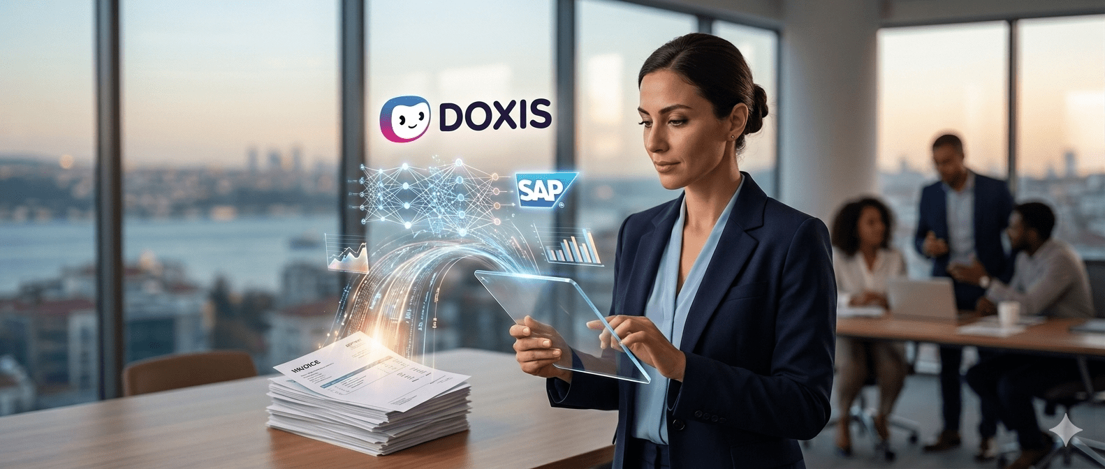 Doxis logo ve yapay zeka destekli kurumsal iş akışı yönetimi ile SAP entegrasyonunu simgeleyen profesyonel ofis görseli.