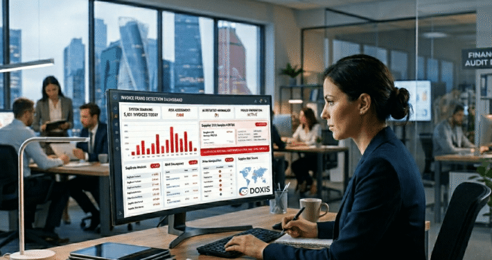 Yapay zeka destekli Doxis platformu ile fatura süreçlerinde dolandırıcılık tespiti ve finansal anomali analizi yapan profesyonel ofis ortamı