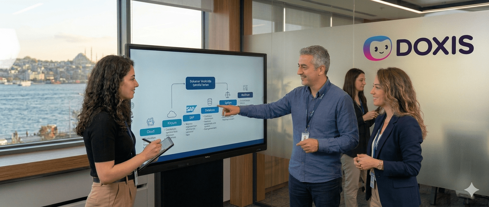 Softay uzman ekibi, modern İstanbul ofisinde Doxis altyapısı ile kurumsal doküman yönetimi ve iş akış süreçlerini analiz ediyor.