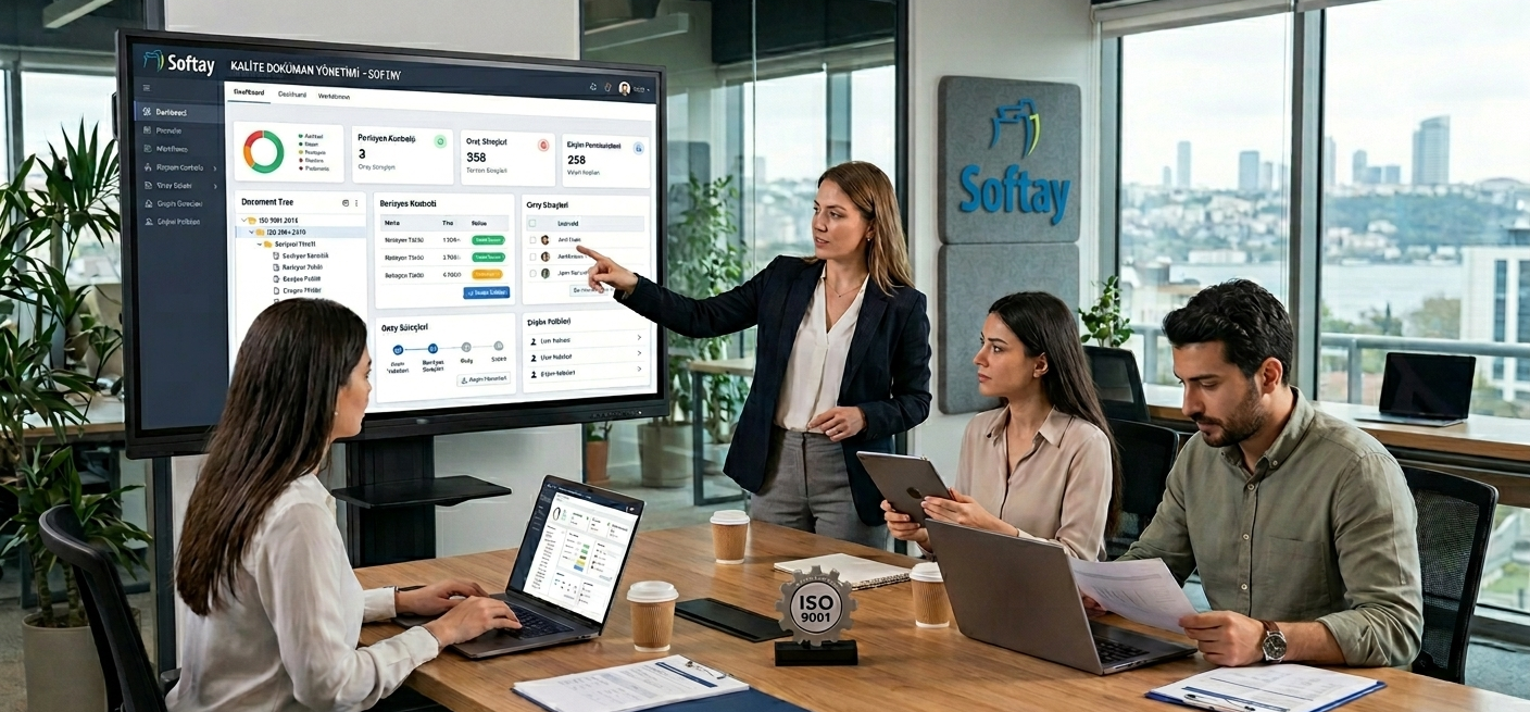 Ofis ortamında dijital kalite yönetimi ve iş süreçleri üzerinde çalışan profesyonel bir ekip.