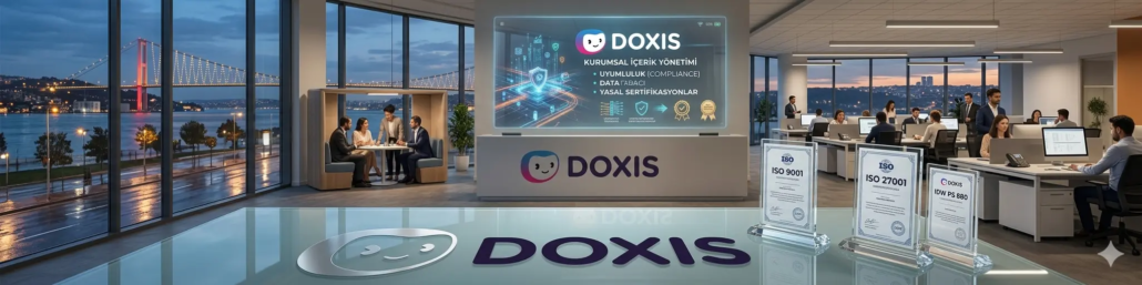 İstanbul manzaralı modern bir ofis ortamında, Doxis logosu eşliğinde ISO 9001, ISO 27001 ve IDW PS 880 uyumluluk sertifikalarını gösteren dijital ekranlar ve belgeler.