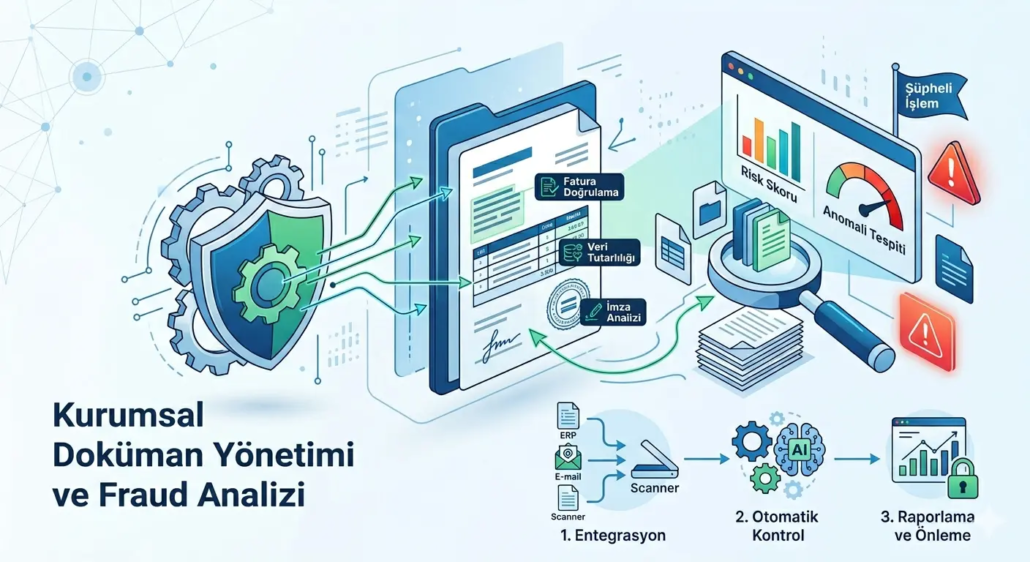 Kurumsal doküman yönetimi sistemlerinde yapay zeka destekli fraud analizi, fatura doğrulama ve anomali tespiti iş akışı şeması
