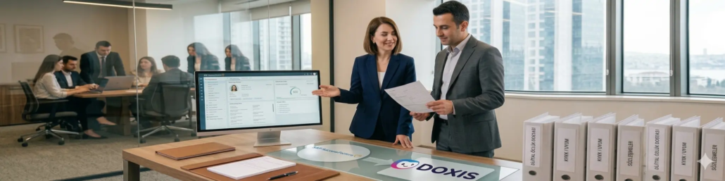 Modern bir ofis ortamında, bilgisayar ekranındaki SAP SuccessFactors arayüzünü ve masa üzerindeki Doxis logosunu gösteren, dijital personel özlük dosyası dönüşümünü simgeleyen profesyonel fotoğraf
