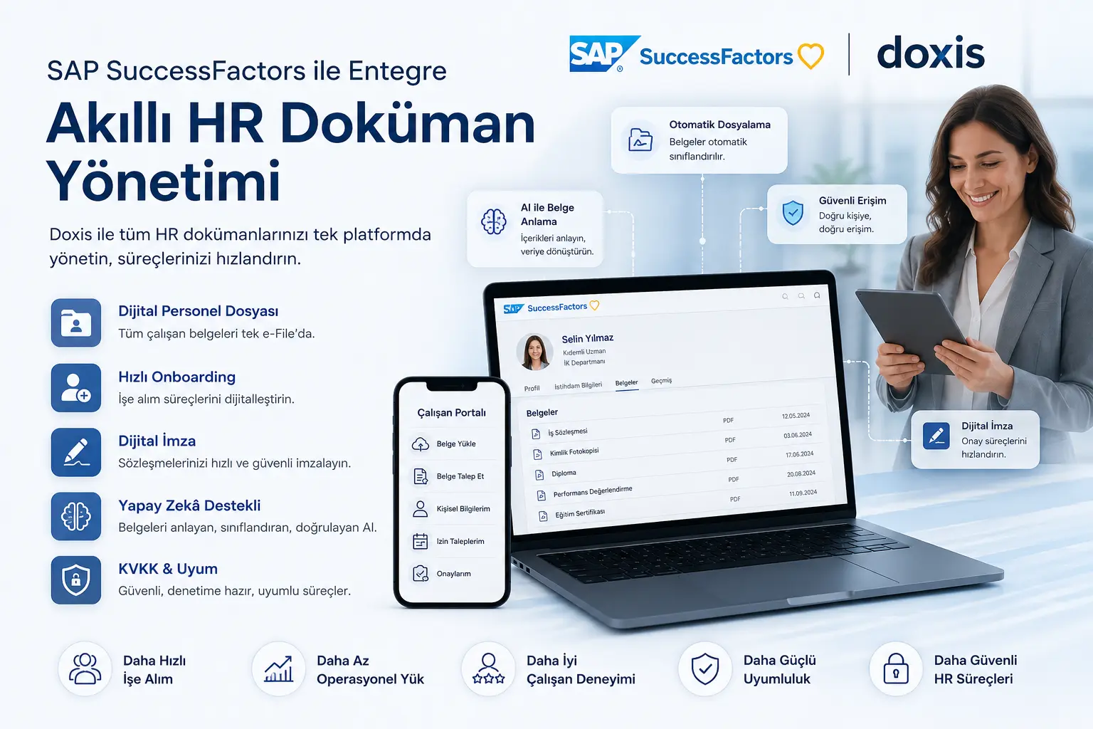 SAP SuccessFactors ile entegre çalışan Doxis HR Doküman Yönetimi çözümünü gösteren yapay zekâ destekli dijital personel dosyası ve onboarding otomasyonu görseli.