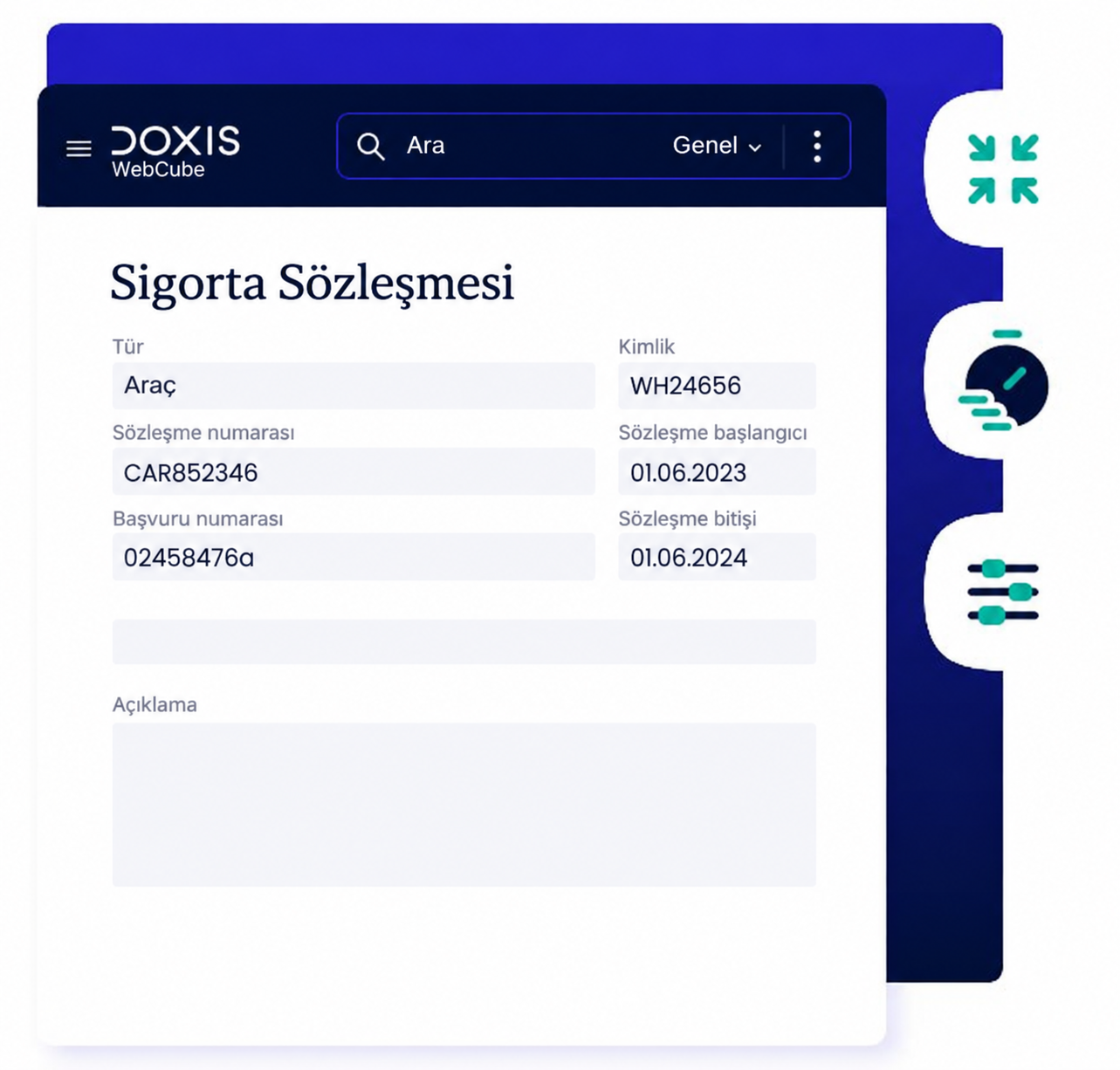 Sigorta sözleşmesi Doxis ekranı