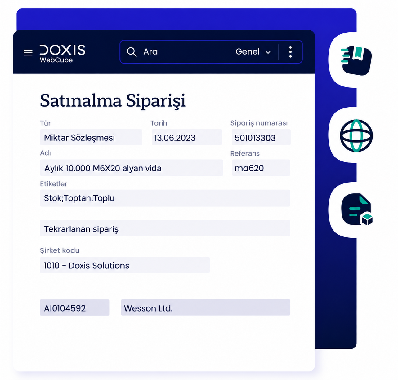 Lojistik satınalma siparişi Doxis ekranı